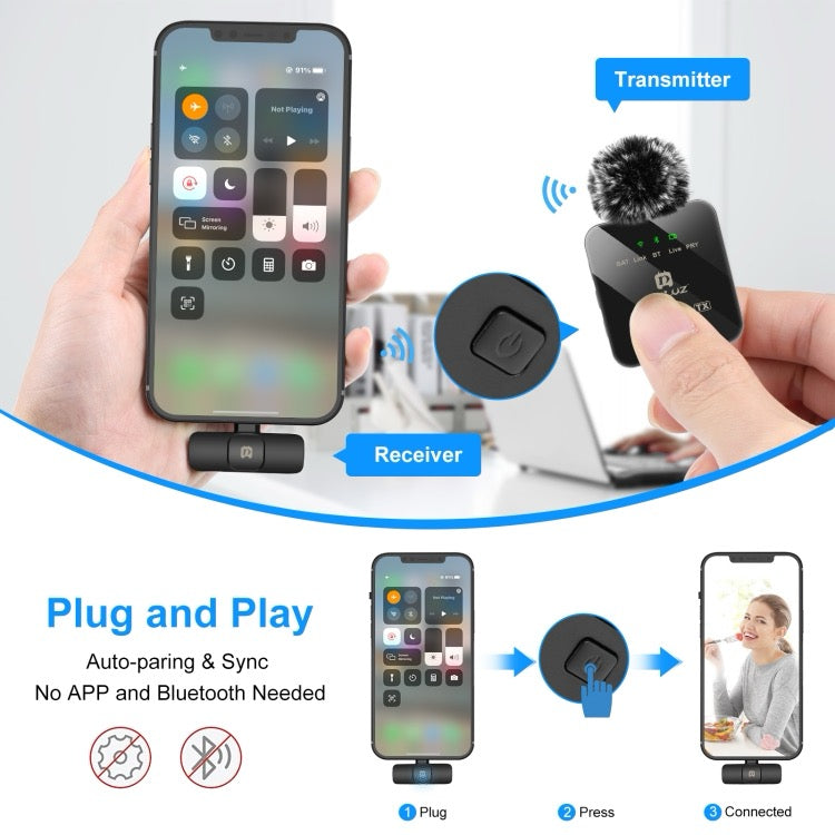 PULUZ Microphone cravate sans fil PULUZ pour iPhone / iPad, récepteur 8 broches (noir)