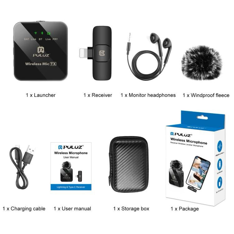 PULUZ Microphone cravate sans fil PULUZ pour iPhone / iPad, récepteur 8 broches (noir)