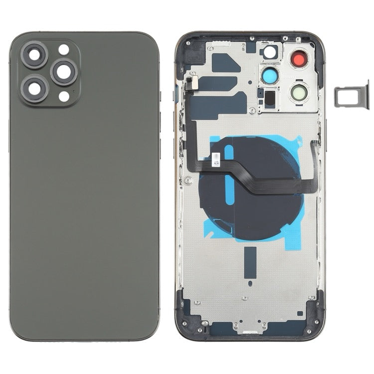 Couverture arrière de la batterie (avec touches latérales et plateau de carte et puissance + volume Flex Câble et module de chargement sans fil) pour iPhone 12 Pro Max (Noir) avec logos