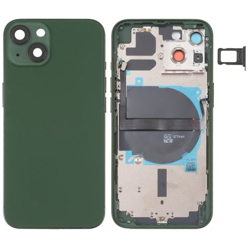 Châssis arrière iPhone 13 vert avec logo, boutons latéraux, plateau SIM, câble volume et charge sans fil (avec logo)