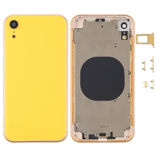 Couvercle du boîtier arrière avec objectif de la caméra, plateau de la carte SIM et touches latérales pour iPhone XR (jaune) avec logo