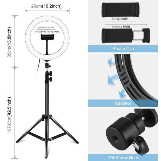 10.2 pouces 26cm LED Ring Light + 1.1m Trépied Mount Vlogging Video Light Kits de diffusion en direct