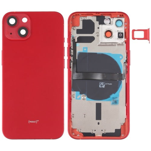 Châssis arrière iPhone 13 rouge avec logo, boutons latéraux, plateau SIM, câble volume et charge sans fil (avec logo)