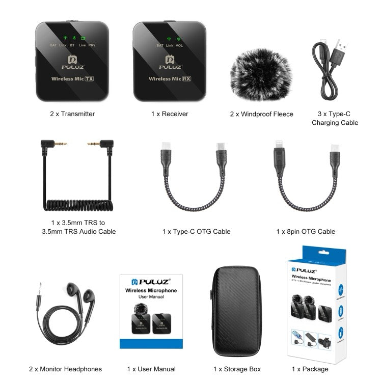 PULUZ Microphone cravate sans fil PULUZ 2 TX +
1 RX (noir)