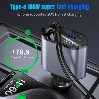 Chargeur rapide de voiture à affichage numérique double ligne rétractable USB multifonctionnel 4 en 1
120 W (8 broches + type-C)