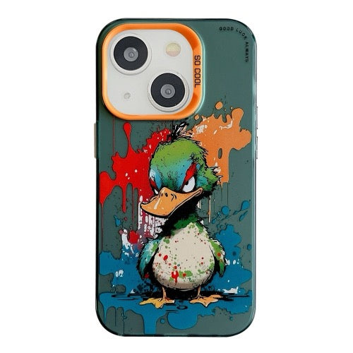 Pour iPhone 13 Animal Pattern Oil Painting Series PC + TPU Phone Case (Angry Duck)