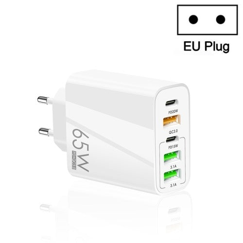 65W Dual PD Type-C + 3 x Chargeur multi-ports USB pour téléphone et tablette PC, prise UE (Blanc) - Wakeshopes