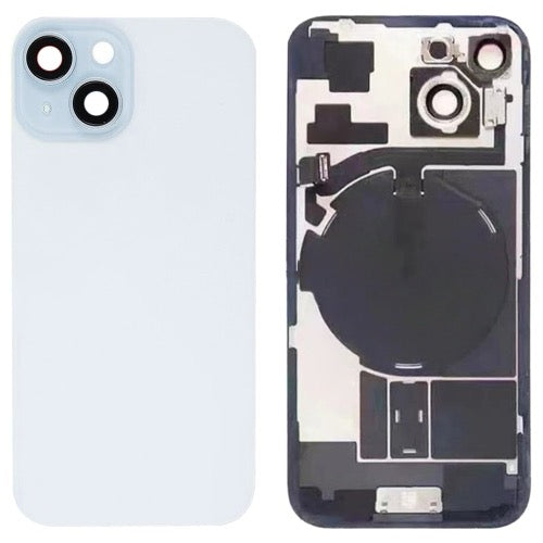 Pour iPhone 15 Couvercle arrière de batterie en verre avec support de flash + module de chargement sans fil (bleu) avec logo