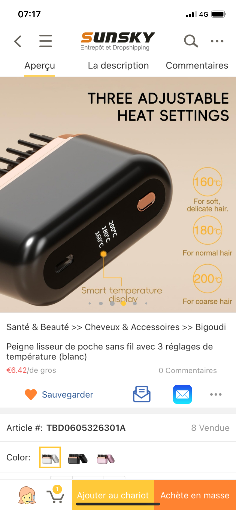 Peigne lisseur de poche sans fil avec 3 réglages de température