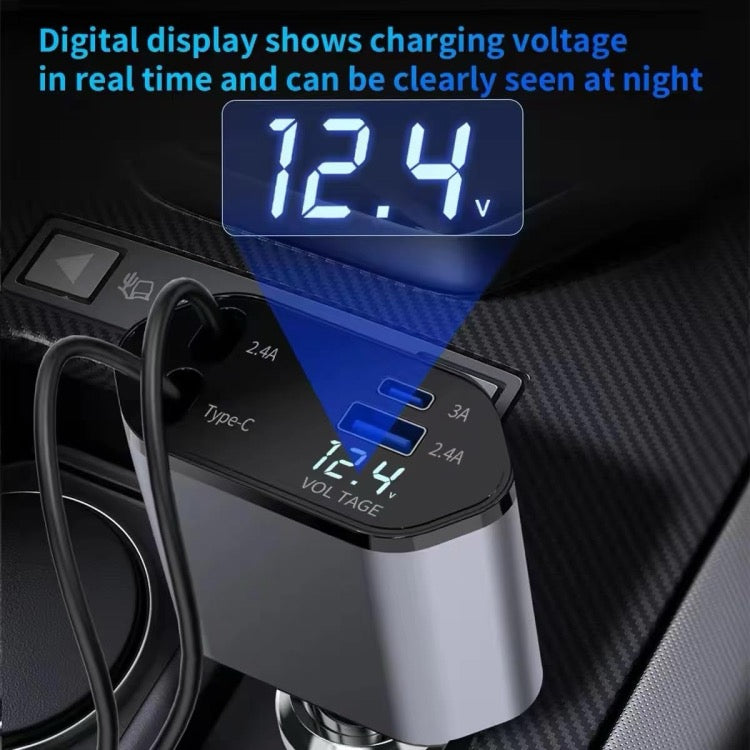 Chargeur rapide de voiture à affichage numérique double ligne rétractable USB multifonctionnel 4 en 1
120 W (8 broches + type-C)