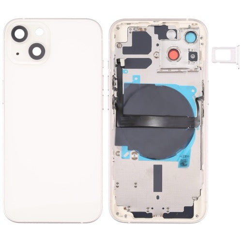 Châssis arrière iPhone 13 blanc avec logo, boutons latéraux, plateau SIM, câble volume et charge sans fil (avec logo)