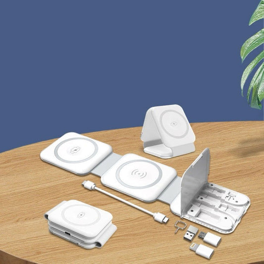 Chargeur pliant magnétique sans fil 10 en 1 avec boîte de rangement pour adaptateur de câble de données (blanc) - Wakeshopes