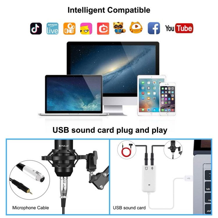 Condenser Microphone Studio Broadcast Professional Singing Microphone Kits with Suspension Scissor Arm & Metal Shock Mount et USB
Sound Card (noir) - Wakeshopes