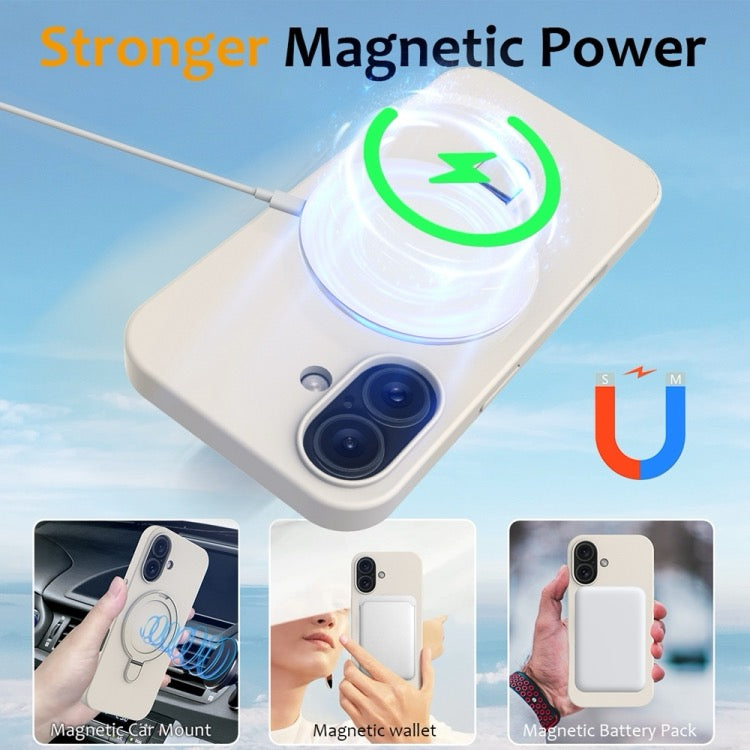 Pour iPhone 16 Étui de téléphone magnétique MagSafe en silicone liquide avec support à anneau (blanc antique)