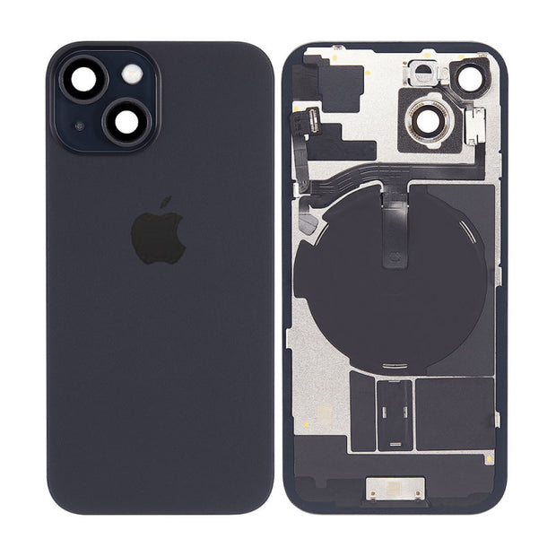 Pour iPhone 15 Couvercle arrière de batterie en verre avec support de flash + module de chargement sans fil avec logo (noir)