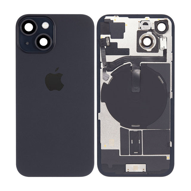 Pour iPhone 15 Couvercle arrière de batterie en verre avec support de flash + module de chargement sans fil avec logo (noir)