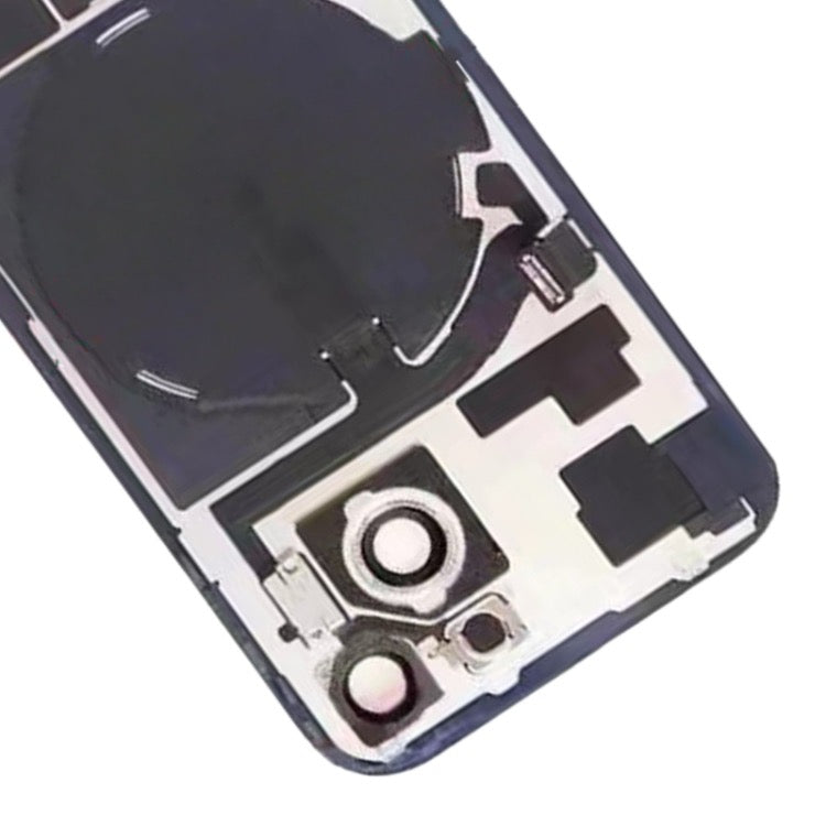 Pour iPhone 15 Couvercle arrière de batterie en verre avec support de flash + module de chargement sans fil avec logo (noir)
