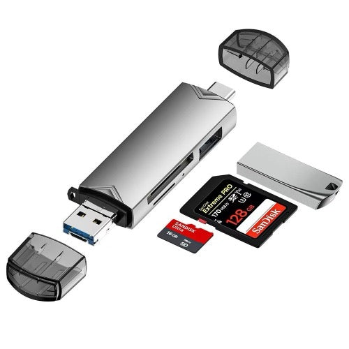 Adaptateur de lecteur de carte multifonction 6 en 1 USB 3.0, Micro USB, Type-C vers SD, carte TF, disque U (argent)