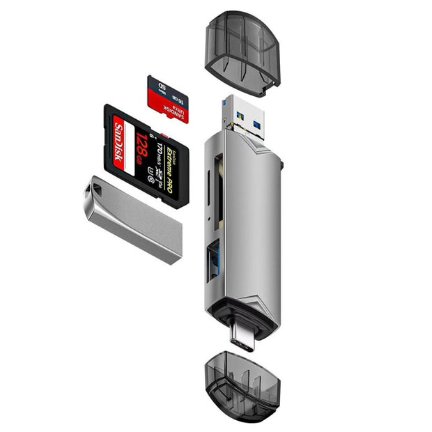 Adaptateur de lecteur de carte multifonction 6 en 1 USB 3.0, Micro USB, Type-C vers SD, carte TF, disque U (argent)