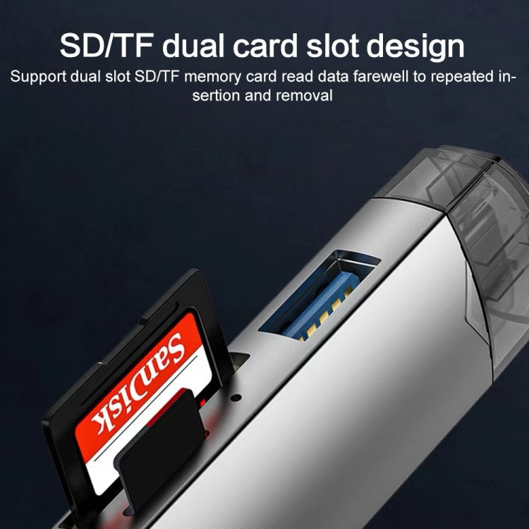 Adaptateur de lecteur de carte multifonction 6 en 1 USB 3.0, Micro USB, Type-C vers SD, carte TF, disque U (argent)