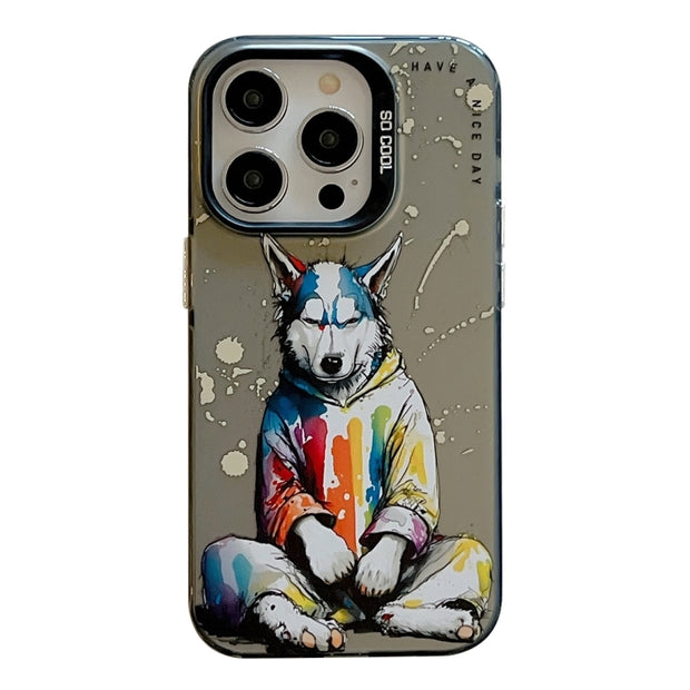 Coque Série de peinture à l'huile à motif animal PC + TPU Phone Case (chien à capuche)