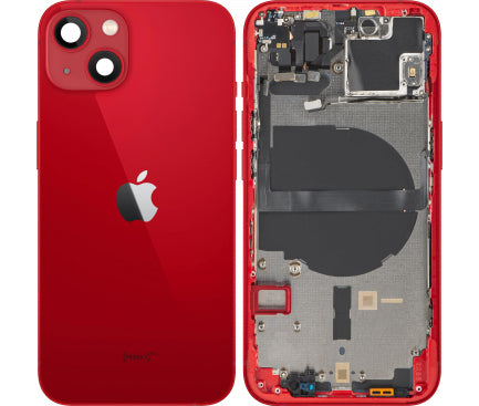 Châssis arrière iPhone 13 rouge avec logo, boutons latéraux, plateau SIM, câble volume et charge sans fil (avec logo)