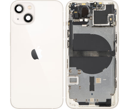 Châssis arrière iPhone 13 blanc avec logo, boutons latéraux, plateau SIM, câble volume et charge sans fil (avec logo)