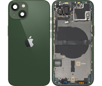 Châssis arrière iPhone 13 vert avec logo, boutons latéraux, plateau SIM, câble volume et charge sans fil (avec logo)