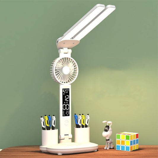 Lampe de bureau à ventilateur LED à double tête d'alimentation avec prise USB avec porte-stylo et horloge - Wakeshopes