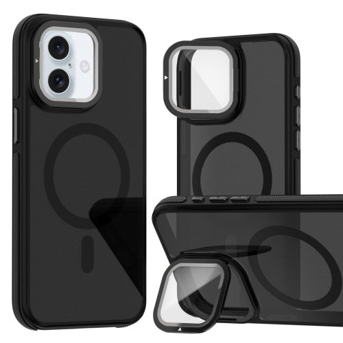 Pour iPhone 16 Magsafe Étui de téléphone à film d'objectif bicolore avec support de pliage d'objectif
(Noir) - Wakeshopes