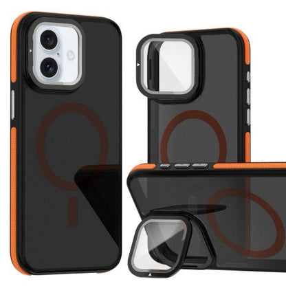 Pour iPhone 16 Magsafe Étui de téléphone à film d'objectif bicolore avec support de pliage d'objectif
(Orange) - Wakeshopes