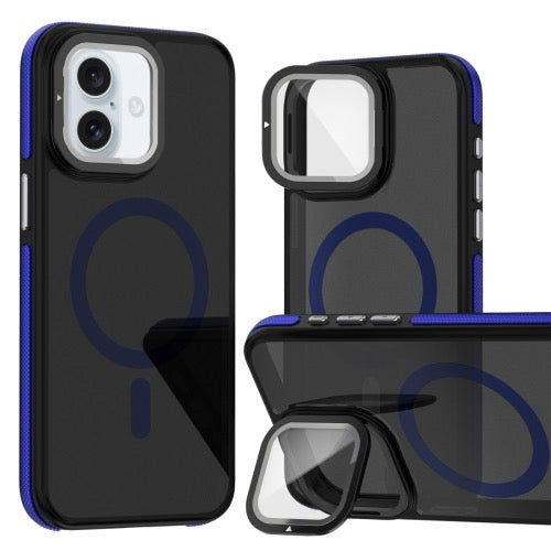 Pour iPhone 16 Magsafe Étui de téléphone à film d'objectif bicolore avec support de pliage d'objectif (bleu) - Wakeshopes