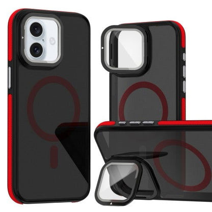 Pour iPhone 16 Magsafe Étui de téléphone à film d'objectif bicolore avec support de pliage d'objectif (rouge) - Wakeshopes