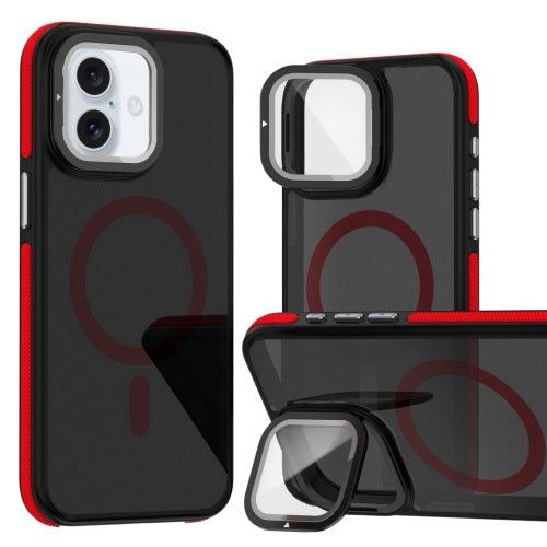 Pour iPhone 16 Magsafe Étui de téléphone à film d'objectif bicolore avec support de pliage d'objectif (rouge) - Wakeshopes
