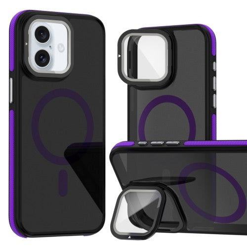 Pour iPhone 16 Magsafe Étui de téléphone à film d'objectif bicolore avec support de pliage d'objectif (violet) - Wakeshopes