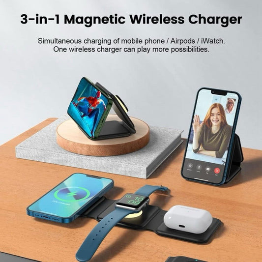 Station de charge sans fil 3 en 1, chargeur rapide de voyage pliable magnétique pour iPhone séries 15/14/13/12/AirPods/iWatch (blanc) - Wakeshopes