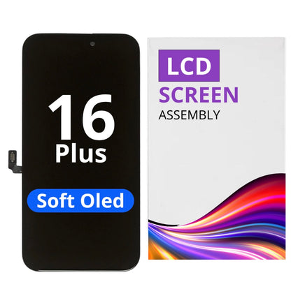 Écran iPhone 16 Plus original affiché sur écran de téléphone, visuel promotionnel pour remplacement écran iPhone 16 Plus avec livraison rapide et garantie